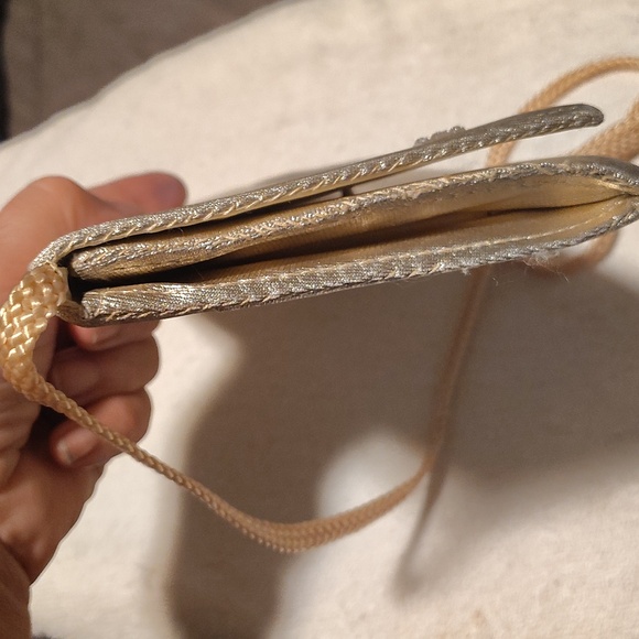 Metallic Gold Purse, Snap Shut And Open Compartment With Pocket, Strap - Picture 6 of 7